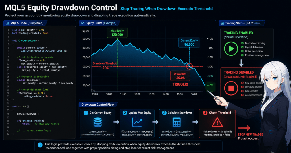 MQL5 equity drawdown control diagram showing how an Expert Advisor calculates drawdown from max equity, compares it to a threshold, and disables trade execution when the limit is exceeded