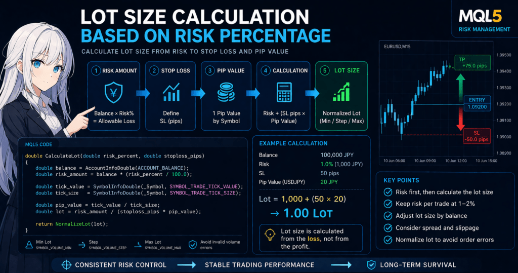 MQL5 lot size calculation based on risk percentage, showing how to compute position volume from account balance, risk %, stop loss pips, and pip value, with code example, execution flow arrows, and trading chart illustrating entry, stop loss, and take profit for risk management in MetaTrader 5 Expert Advisor development.