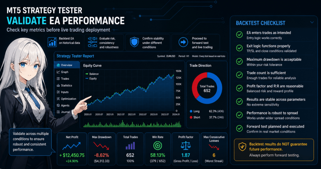 MT5 Strategy Tester interface showing EA backtest validation with equity curve, drawdown, trade count, and checklist for risk management before live trading