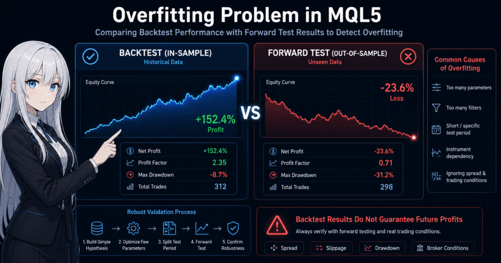 Comparison of MQL5 backtest and forward test results showing overfitting: strong upward equity curve with high profit in backtest versus declining equity and losses in forward test, highlighting risk of parameter over-optimization and need for validation in real trading conditions.