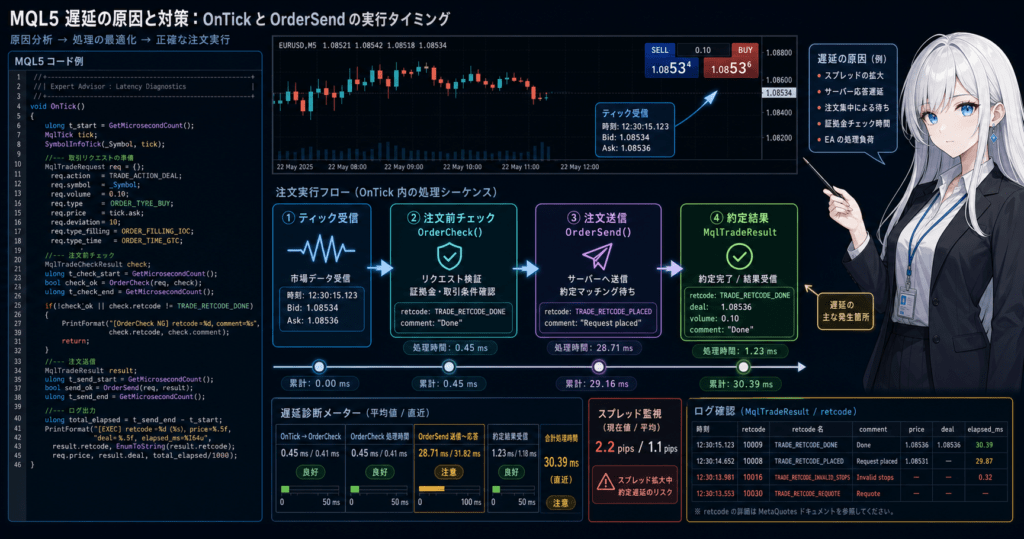 MQL5 latency problems shown with OnTick timing, OrderCheck validation, OrderSend flow, and retcode logging