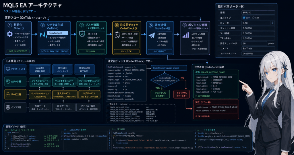 MQL5 EA architecture diagram showing OnInit, OnTick, CopyBuffer, OrderCheck, OrderSend, and risk control flow