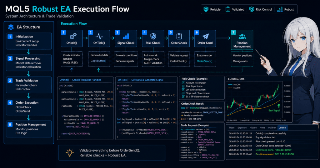MQL5 robust EA execution flow with OnInit, CopyBuffer, OrderCheck, risk control, and OrderSend validation
