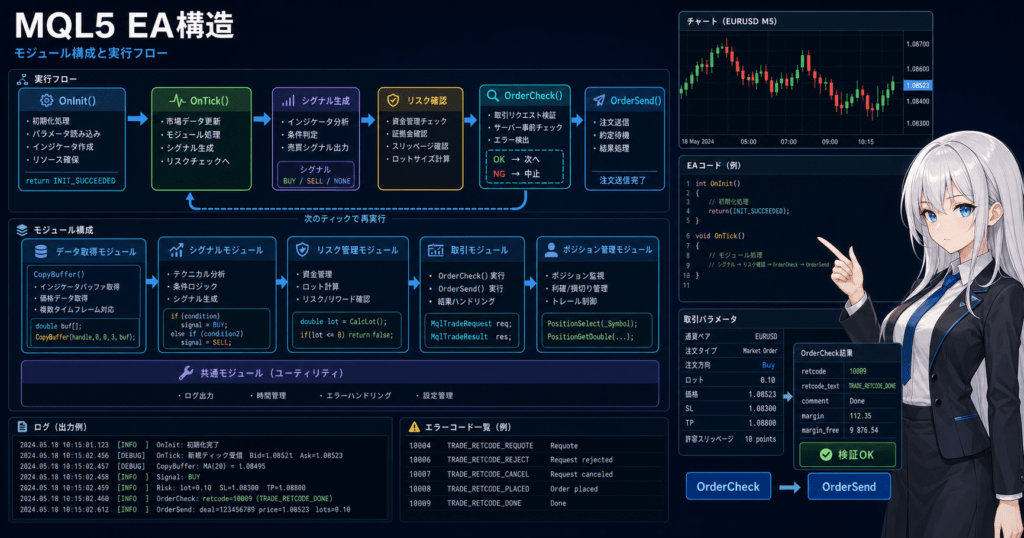 MQL5 complete EA framework diagram with OnInit, OnTick, CopyBuffer, OrderCheck, OrderSend, and risk modules