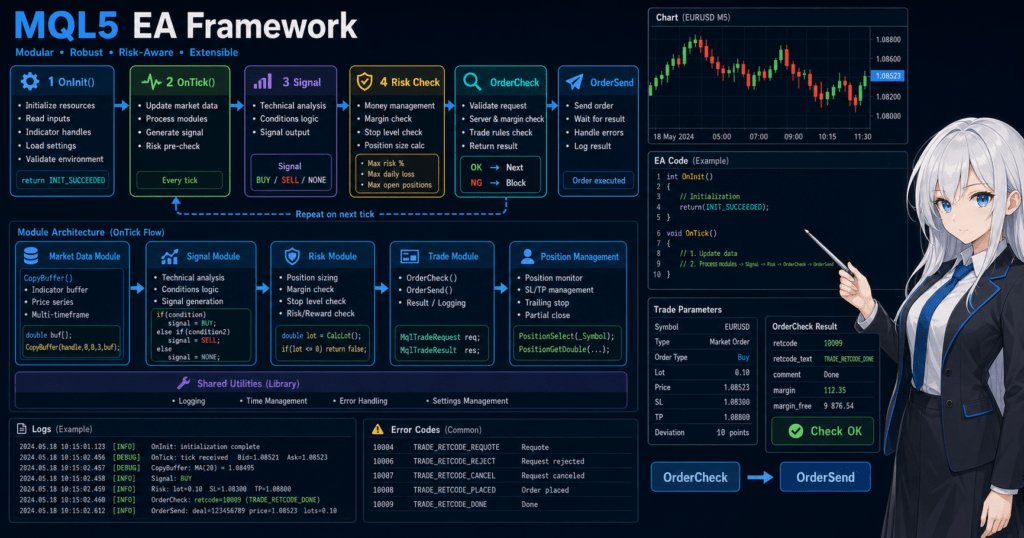 MQL5 complete EA framework diagram with OnInit, OnTick, CopyBuffer, OrderCheck, OrderSend, and risk modules
