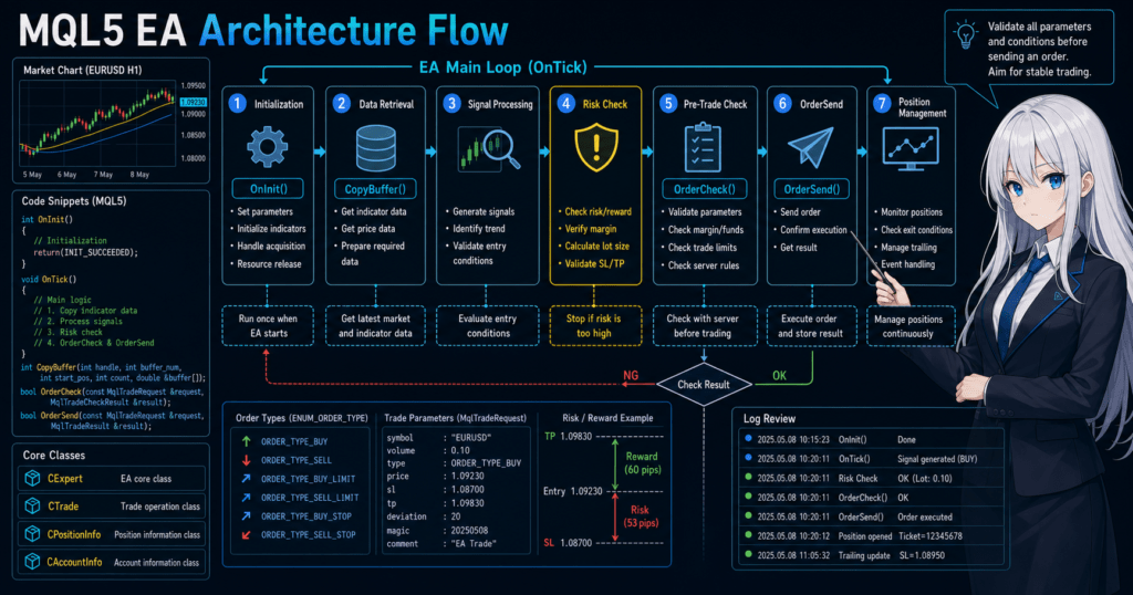MQL5 EA architecture flow showing OnInit, OnTick, CopyBuffer, OrderCheck, and OrderSend validation steps