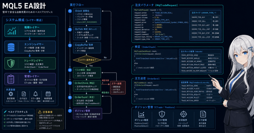 MQL5 EA best practices diagram showing OnInit, OnTick, CopyBuffer, OrderCheck, OrderSend, and risk control flow
