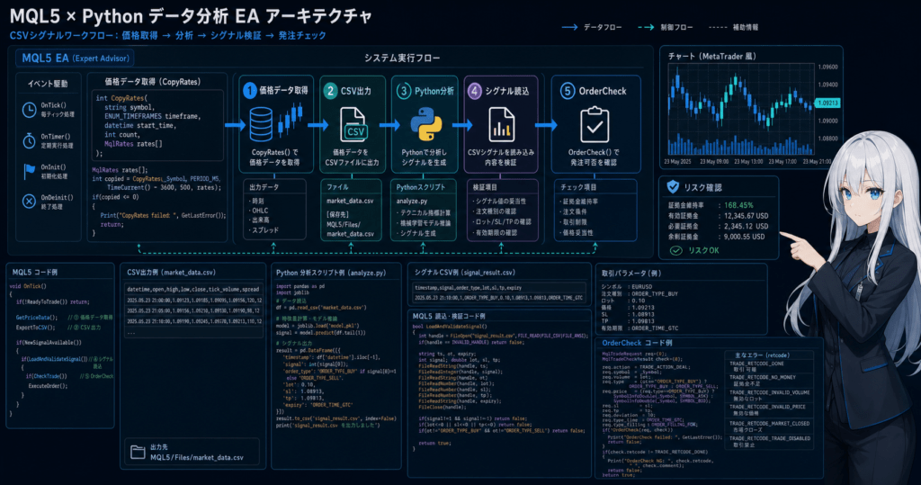 MQL5 Python data analysis EA architecture showing CSV signal workflow, CopyRates data retrieval, and OrderCheck validation