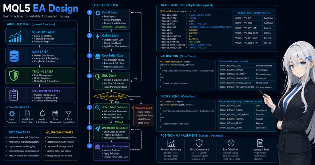 MQL5 EA best practices diagram showing OnInit, OnTick, CopyBuffer, OrderCheck, OrderSend, and risk control flow