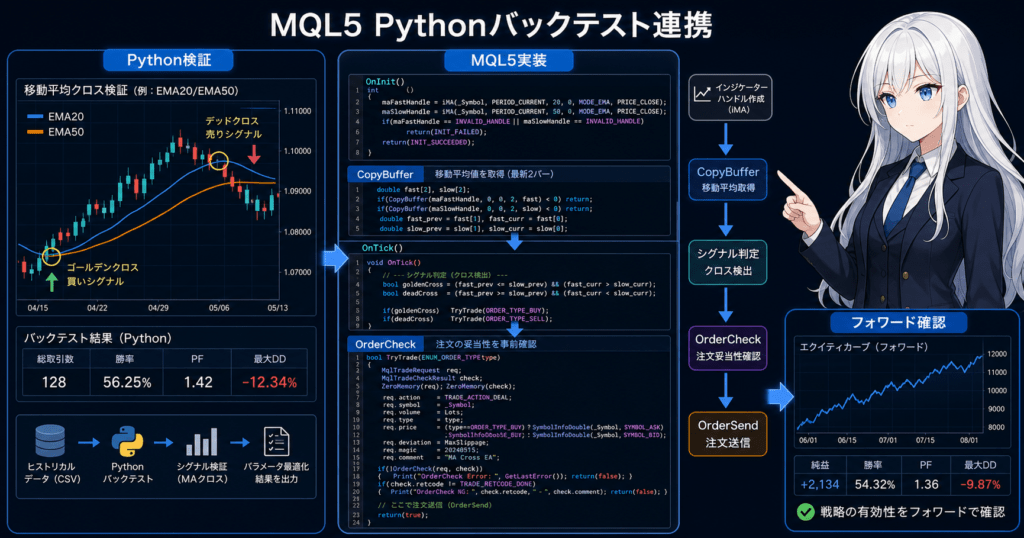 MQL5 Python backtesting workflow showing moving average crossover validation with CopyBuffer and OrderCheck