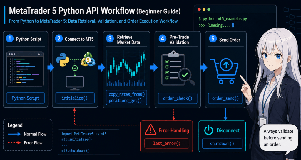MT5 Python API execution flow from initialize() and rate retrieval to order_check(), order_send(), last_error(), and shutdown().