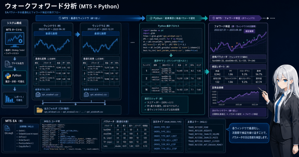 MT5 walk forward analysis with Python showing EA optimization windows, forward validation, and result aggregation flow