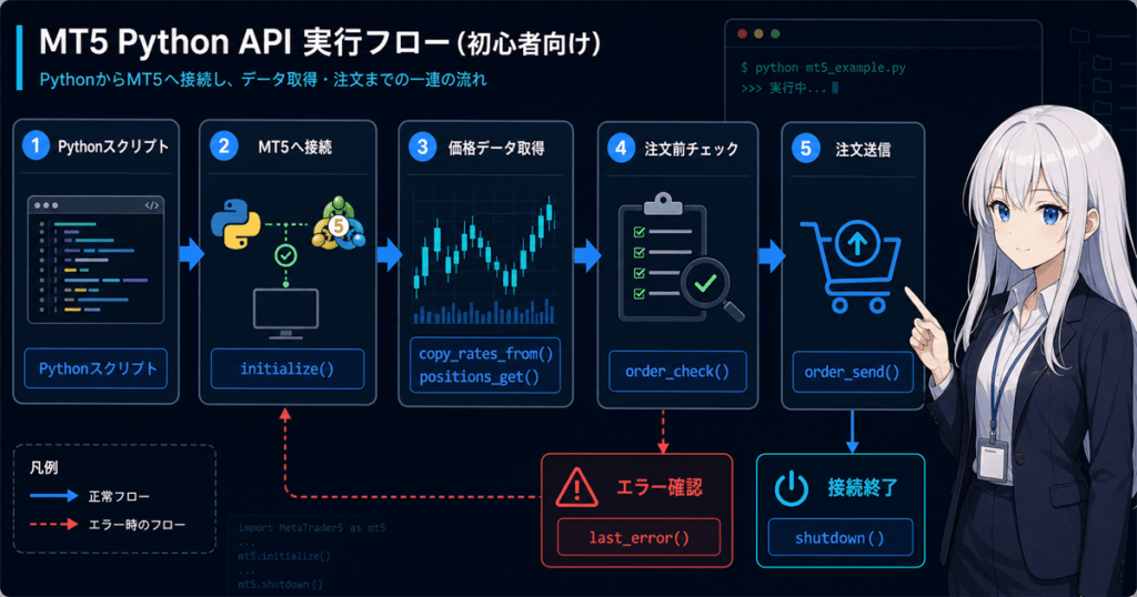 MT5 Python API execution flow from initialize() and rate retrieval to order_check(), order_send(), last_error(), and shutdown().