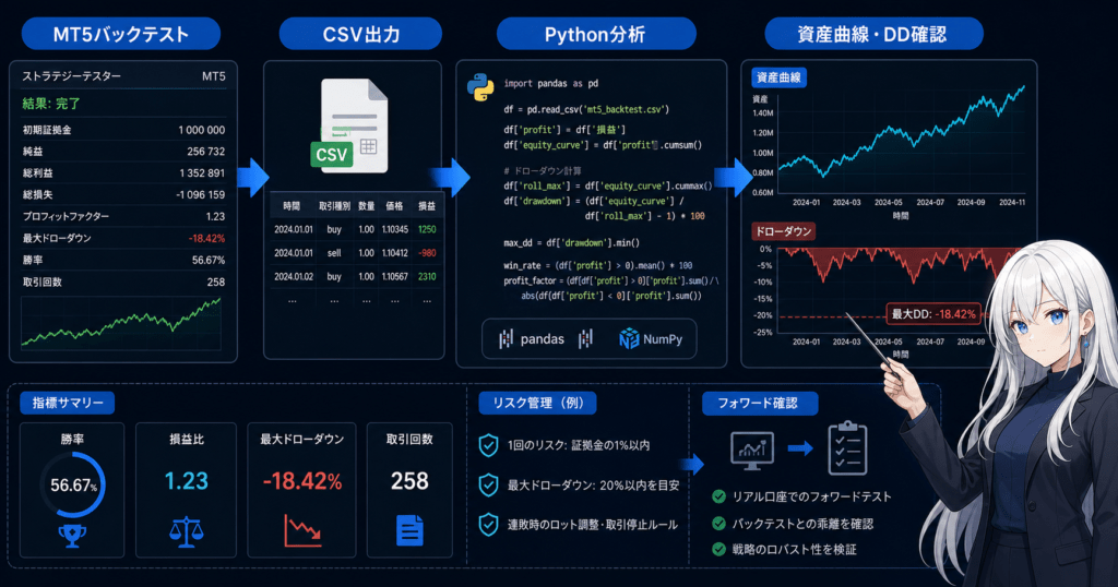 MT5 Python backtest analysis workflow showing CSV export, pandas equity curve, drawdown, win rate, and forward testing checks.