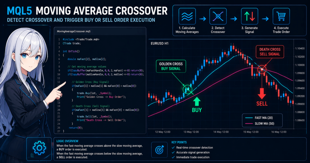 MQL5 moving average crossover signal detection showing fast and slow moving averages crossing on a trading chart, with code overlay demonstrating iMA and CopyBuffer usage, highlighting buy and sell trade execution signals in an algorithmic trading EA system