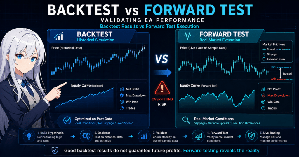 MQL5 backtest vs forward test comparison showing EA validation process, highlighting overfitting risk, equity curve differences, and real market execution factors such as spread and slippage.