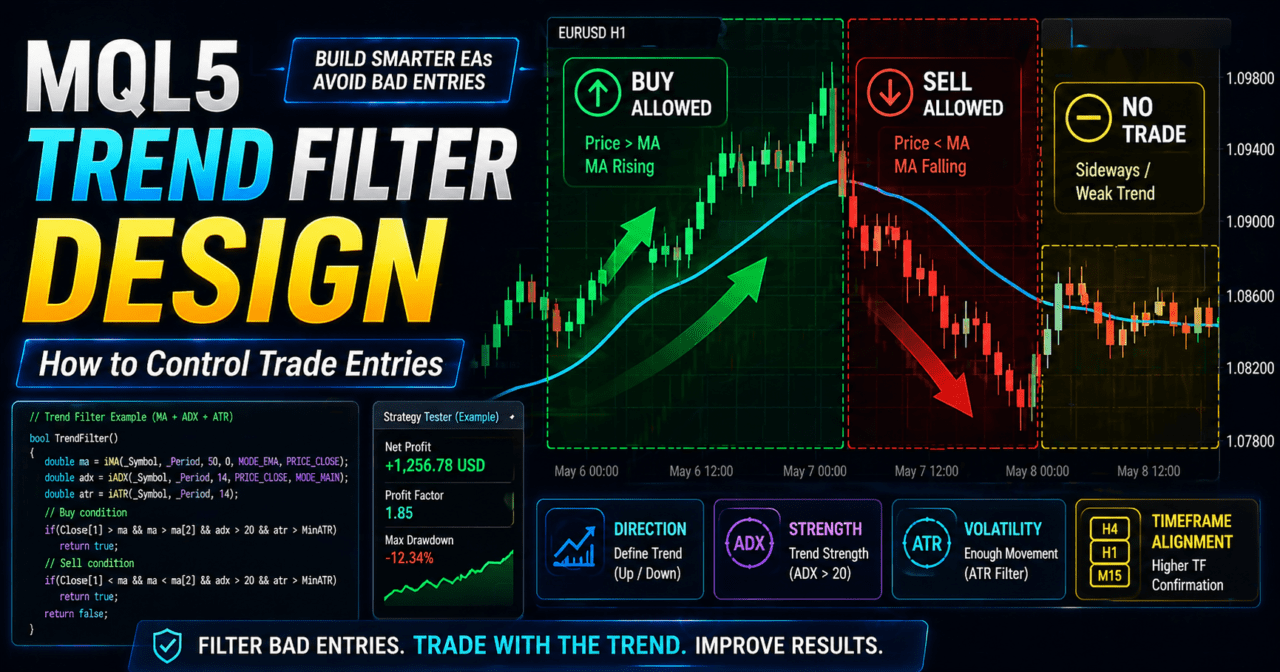 MQL5 trend filter design illustration showing Expert Advisor signal filtering with moving averages, ADX, ATR, and risk checks.
