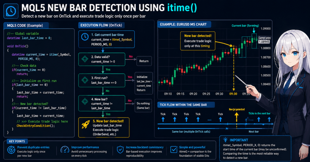 MQL5 new bar detection using itime function, showing OnTick execution flow, time comparison logic, and trade execution trigger on chart