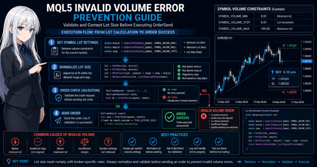 MQL5 invalid volume error prevention diagram showing lot normalization and OrderCheck validation before OrderSend, including SYMBOL_VOLUME_MIN, SYMBOL_VOLUME_MAX, SYMBOL_VOLUME_STEP constraints and execution flow from lot calculation to trade order success