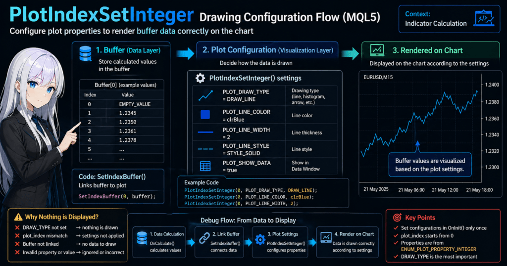 MQL5 PlotIndexSetInteger drawing configuration flow showing how buffer data is linked to plot settings and rendered on a trading chart, including DRAW_TYPE, color, width, and common reasons why indicators do not display