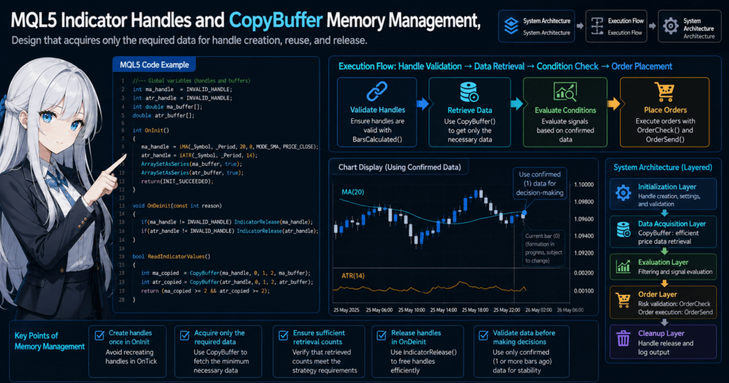 MQL5 memory management architecture diagram showing indicator handle lifecycle, CopyBuffer data retrieval flow, OnInit and OnDeinit structure, EA execution layers, and optimized trade processing with code examples and chart analysis.