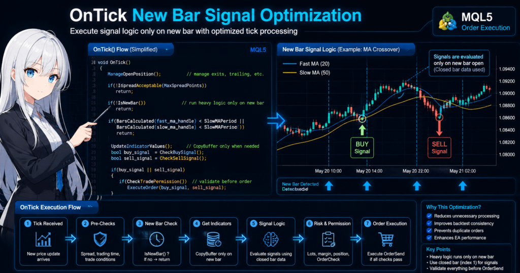 MQL5 OnTick new bar signal optimization diagram showing efficient EA tick processing, CopyBuffer control, OrderCheck validation, moving average crossover signals, and optimized trade execution flow in MetaTrader 5.