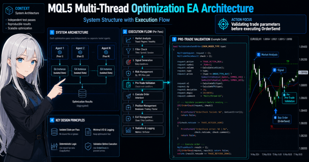 MQL5 multi-thread optimization EA architecture diagram showing isolated tester agents, OrderCheck validation flow, CopyBuffer processing, risk-controlled trade execution, and modular MetaTrader 5 system design with execution flow visualization.
