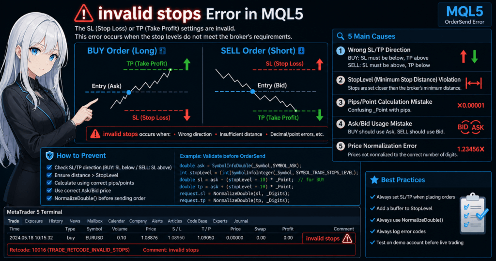 Invalid stops error in MQL5 shown in MetaTrader terminal with BUY/SELL SL and TP direction rules, StopLevel distance constraints, and code validation steps for OrderSend to prevent trade execution failure