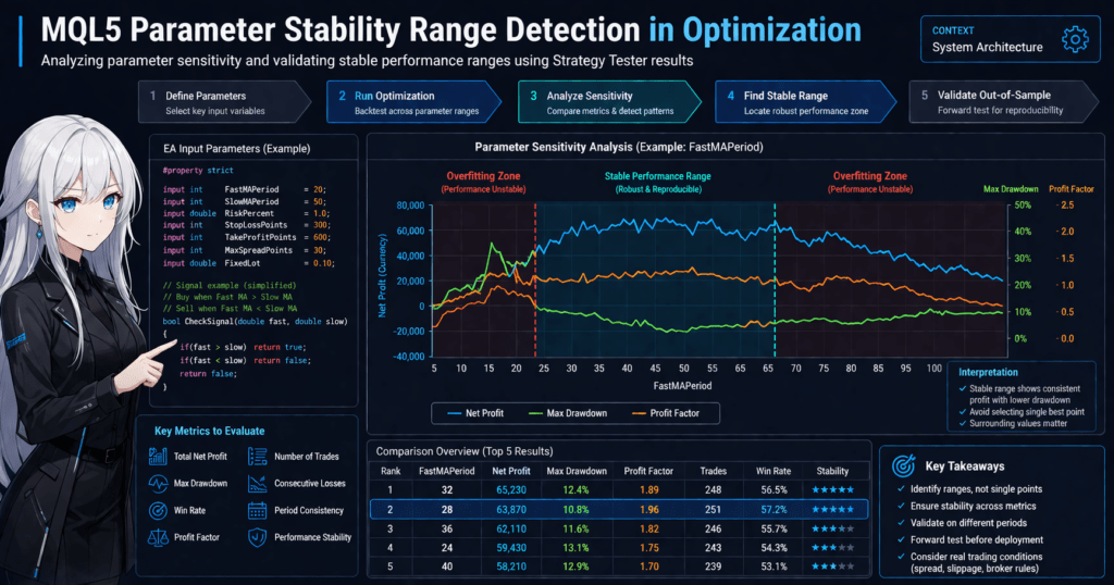 MQL5 parameter stability range detection visualization showing strategy tester optimization results, including sensitivity analysis of FastMA period with net profit, drawdown, and profit factor curves, highlighting stable performance range versus overfitting zones, alongside EA input parameters code and evaluation metrics for robust trading system design.