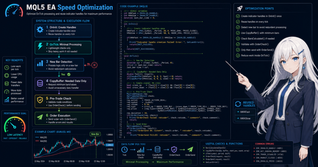 MQL5 EA speed optimization showing OnTick minimization, CopyBuffer retrieval, and reusable indicator handles
