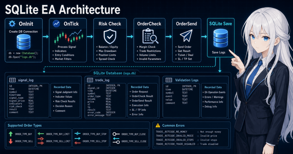 MQL5 SQLite EA state logging architecture showing OnInit, OnTick, OrderCheck, OrderSend, and database log flow