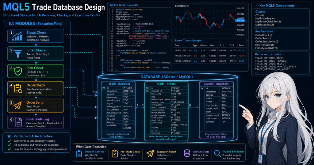 MQL5 trade database design diagram showing EA decision logs, OrderCheck, OrderSend, and account snapshots
