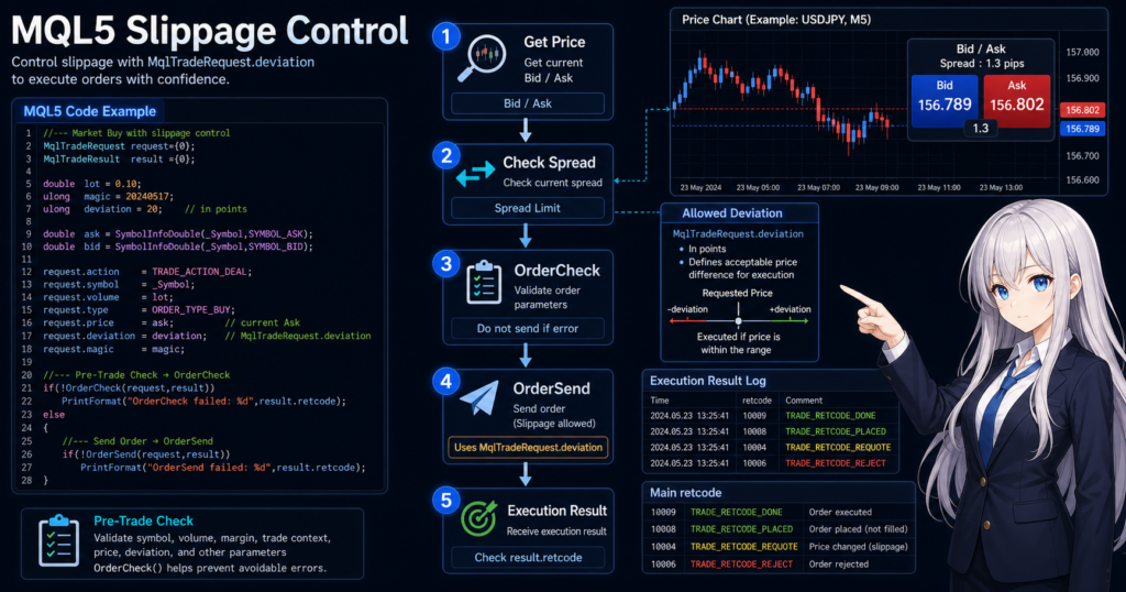 MQL5 OrderSend slippage control flow with MqlTradeRequest.deviation, OrderCheck, chart prices, and retcode logs