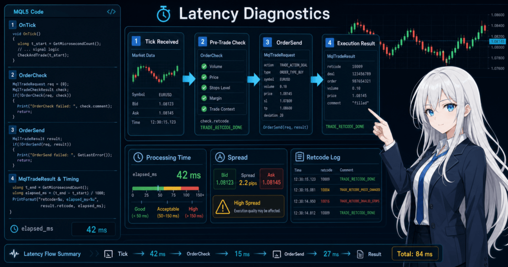 MQL5 latency problems shown with OnTick timing, OrderCheck validation, OrderSend flow, and retcode logging