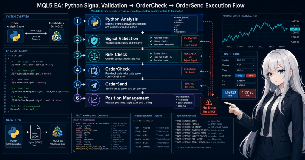 MQL5 Python integration EA architecture showing signal validation, OrderCheck, OrderSend, and risk control flow