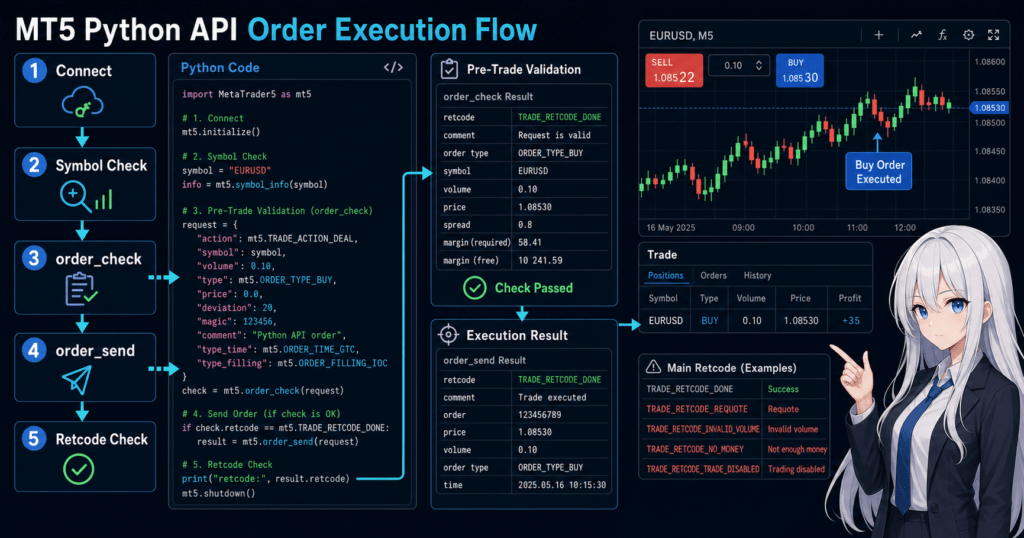 MT5 Python API order_check to order_send flow with trade request validation, retcode handling, and chart execution