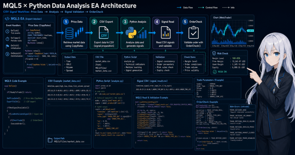 MQL5 Python data analysis EA architecture showing CSV signal workflow, CopyRates data retrieval, and OrderCheck validation