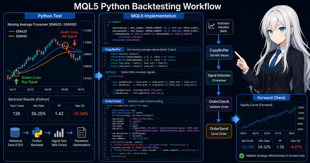 MQL5 Python backtesting workflow showing moving average crossover validation with CopyBuffer and OrderCheck