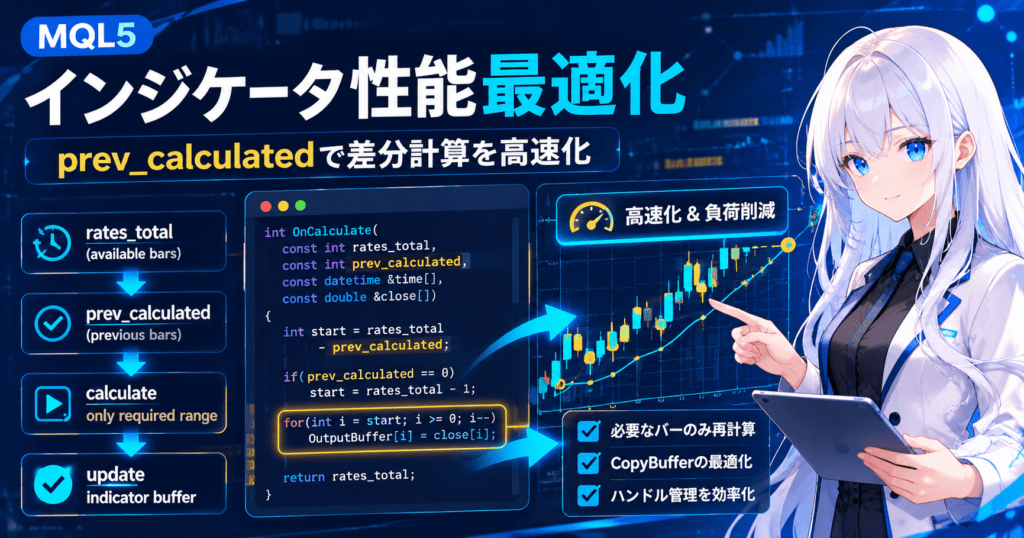 MQL5 indicator optimization tutorial showing prev_calculated difference calculation, OnCalculate execution flow, CopyBuffer optimization, and efficient indicator buffer processing with chart and code overlay.