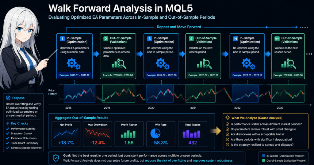 Walk Forward Analysis in MQL5 diagram showing step-by-step execution flow: optimizing EA parameters on in-sample data, validating on out-of-sample periods, and repeating forward to evaluate robustness. Includes trading chart segments, performance metrics (profit, drawdown, win rate), and cause analysis checklist to detect overfitting and confirm parameter stability under changing market conditions.