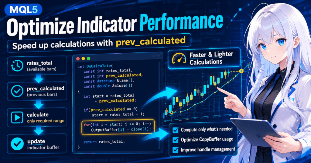 MQL5 indicator optimization tutorial showing prev_calculated difference calculation, OnCalculate execution flow, CopyBuffer optimization, and efficient indicator buffer processing with chart and code overlay.