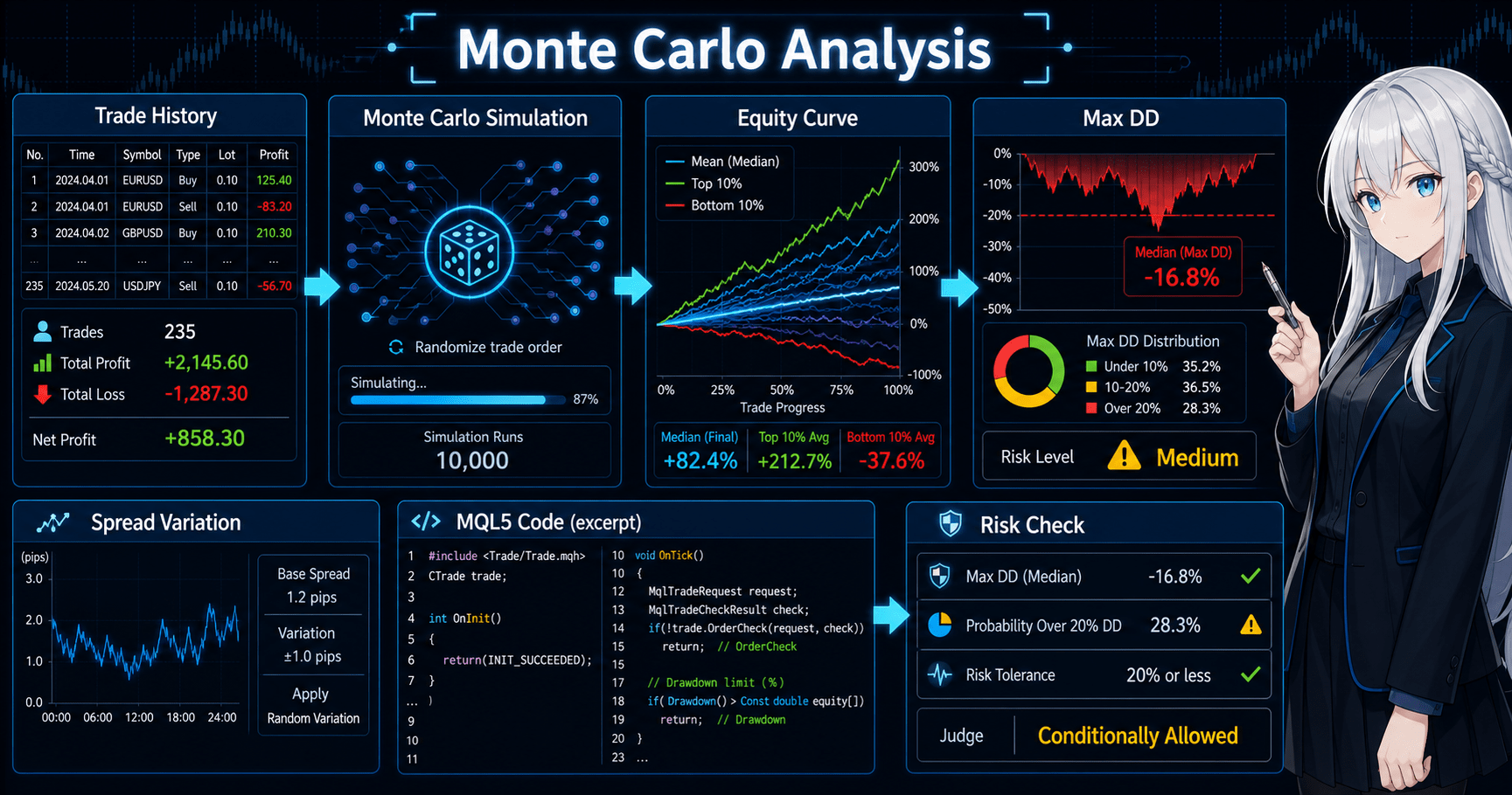MT5 Monte Carlo trading analysis dashboard showing trade history, simulated equity curves, drawdown distribution, spread variation, MQL5 code, and risk checks