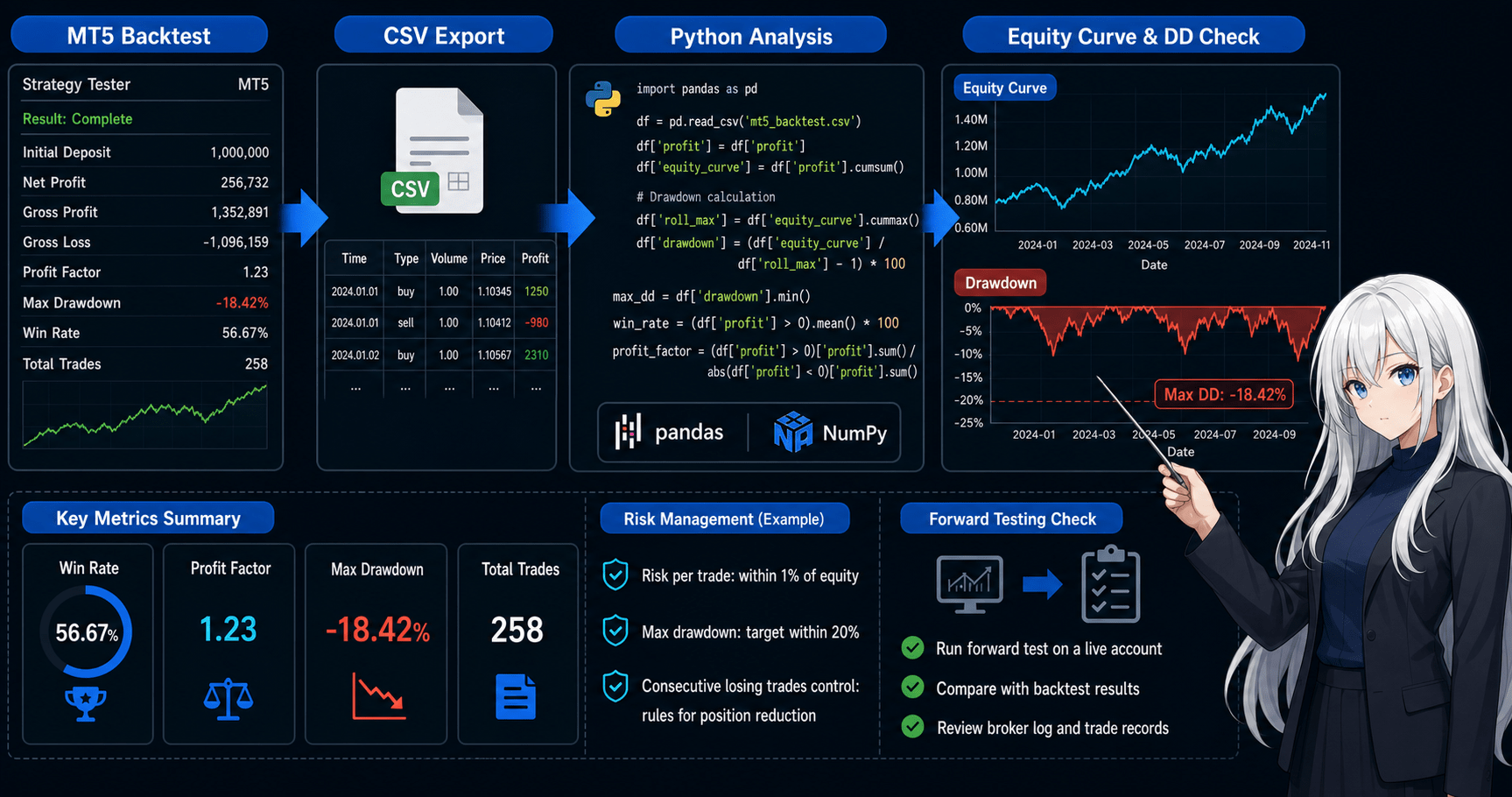 MT5 Python backtest analysis workflow showing CSV export, pandas equity curve, drawdown, win rate, and forward testing checks.