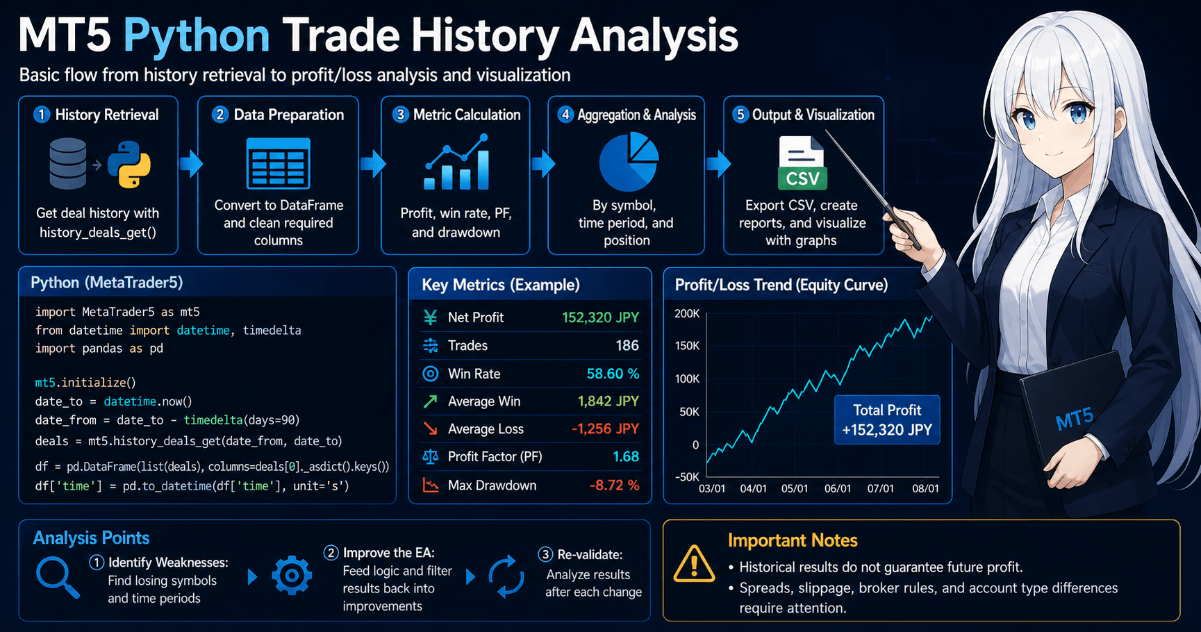 MT5 Python trade history analysis workflow showing deal history retrieval, DataFrame preparation, performance metrics, aggregation, visualization, and risk notes