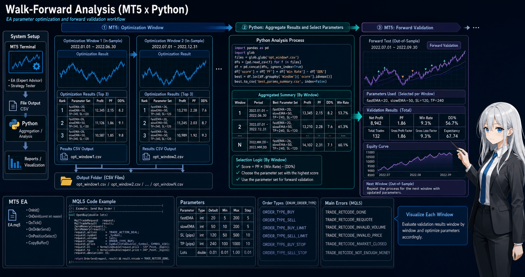 MT5 walk forward analysis with Python showing EA optimization windows, forward validation, and result aggregation flow